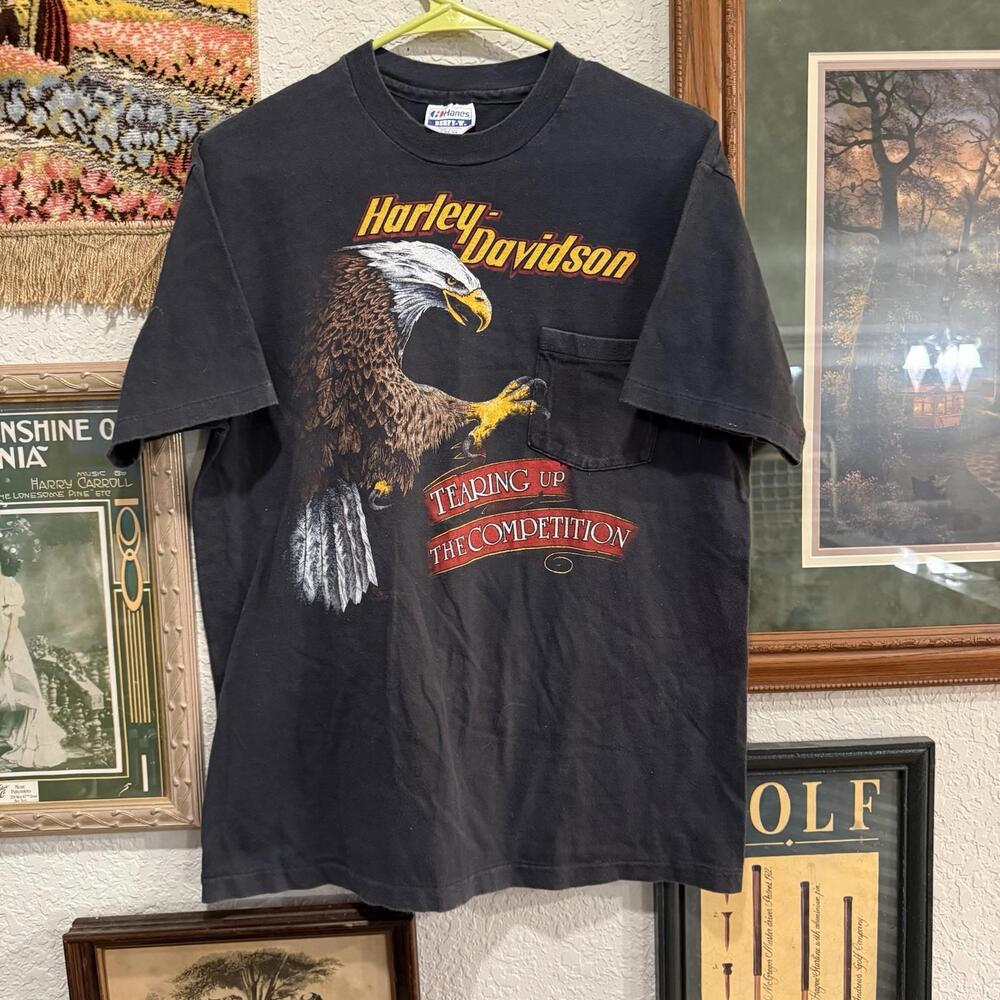 Vintage 1985 Harley Davidson Tearing Up The Competition Eagle Biker Shirt Large‎